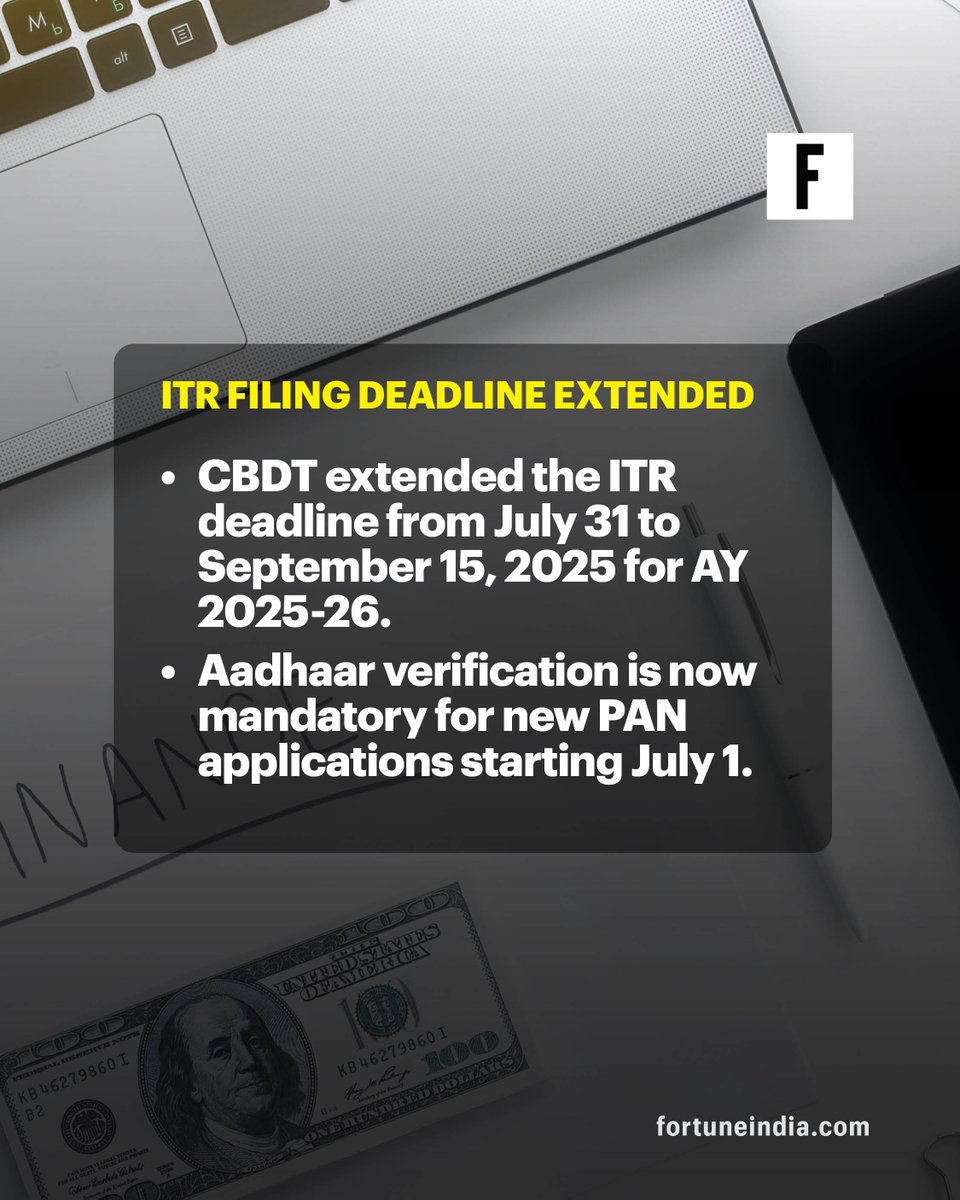 FortuneIndia's tweet image. 🚨 [PART 1/2] Key financial updates, including an extended ITR filing deadline and revised bank charges for credit cards and savings accounts, come into effect this July. Here&apos;s what to know.

For more news &amp;amp; updates, visit 🔗fortuneindia.com

#FinanceUpdate #ITRFiling…