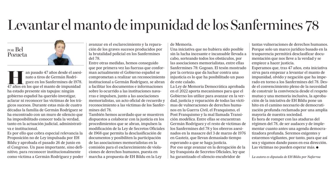 Bel Pozueta (@belpozueta) on Twitter photo La aprobación de la iniciativa de EH Bildu en el Congreso debe ser un hito en el reconocimiento y reparación de las víctimas de <a href="/SF78gogoan/">Sanfermines78gogoan</a>.
Urge levantar el manto de impunidad y negación de estas décadas. German gogoan!
Hoy escribo en <a href="/NoticiasNavarra/">Diario de Noticias</a>: noticiasdenavarra.com/opinion/2025/0… La aprobación de la iniciativa de EH Bildu en el Congreso debe ser un hito en el reconocimiento y reparación de las víctimas de <a href="/SF78gogoan/">Sanfermines78gogoan</a>.
Urge levantar el manto de impunidad y negación de estas décadas. German gogoan!
Hoy escribo en <a href="/NoticiasNavarra/">Diario de Noticias</a>: noticiasdenavarra.com/opinion/2025/0…