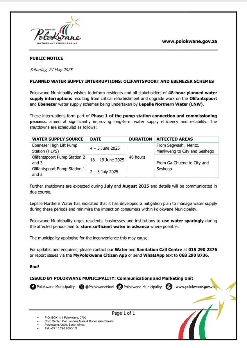PolokwaneMuni's tweet image. REMINDER
KINDLY BE REMINDED OF TOMORROW'S WATER SUPPLY INTERRUPTION
Major water upgrades ahead.
2 – 3 July (Olifantspoort)
Affected areas from Ga-Chuene to City and Seshego
Store water, use wisely.
📲 MyPolokwane App | ☎️ 015 290 2376
WhatsApp: 068 290 8736
End