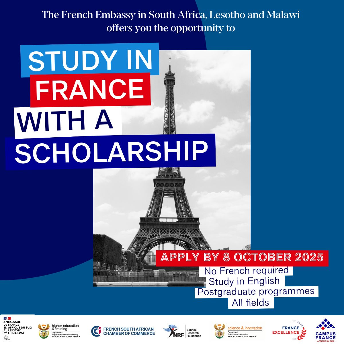 The 2026 France-South Africa programme is open to citizens of South Africa, Lesotho, and Malawi
▪️Master’s or PhD in any field at a university in France
▪️Full details: southafrica-france-scholarships.com
▪️Info webinar in July with <a href="/CampusFranceZA/">Campus France ZA</a>