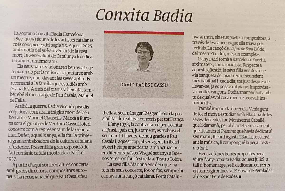 Conxita Badia (@conxitabadia) on Twitter photo Avui el <a href="/DiarideGirona/">Diari de Girona</a> publica aquest article d'en <a href="/DavidPagesCassu/">David Pagès i Cassú</a> sobre la #ConxitaBadia, primera ambaixadora de la cultura catalana. L'#AnyConxitaBadia duu la seva música i la dels seus compositors a l'#Empordà aquest juliol als festivals
<a href="/FIMCPeralada/">Festival Perelada</a> i de St Pere de Rodes! Avui el <a href="/DiarideGirona/">Diari de Girona</a> publica aquest article d'en <a href="/DavidPagesCassu/">David Pagès i Cassú</a> sobre la #ConxitaBadia, primera ambaixadora de la cultura catalana. L'#AnyConxitaBadia duu la seva música i la dels seus compositors a l'#Empordà aquest juliol als festivals
<a href="/FIMCPeralada/">Festival Perelada</a> i de St Pere de Rodes!