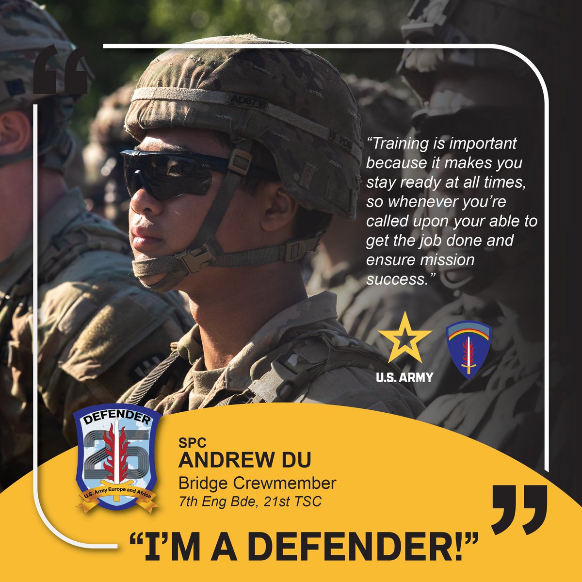 USArmyEURAF's tweet photo. 🌟 I'M A DEFENDER 🌟
Meet Spc. Andrew Du, a bridge crewmember is responsible for constructing and maintaining military bridges and rafts to facilitate troop and equipment movement across various terrains during #SaberGuardian25.
#DEFENDER25 #ThisIsUSAREURAF #WeAreNATO https://t.co/OmbMkTUyAG