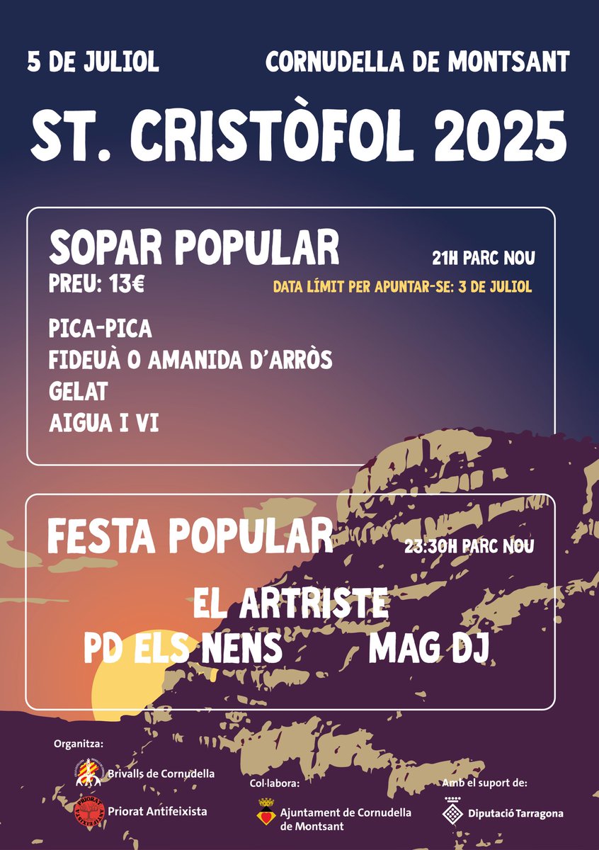 Aquest dissabte celebrarem un dia molt maco. Amb castells, sopar popular i festa per tothom. Dissabte Cornudella serà la protagonista. #castells

18:00 Diada castellera
21:00 Sopar popular
23:30 Festa fins la matinada

#Priorat