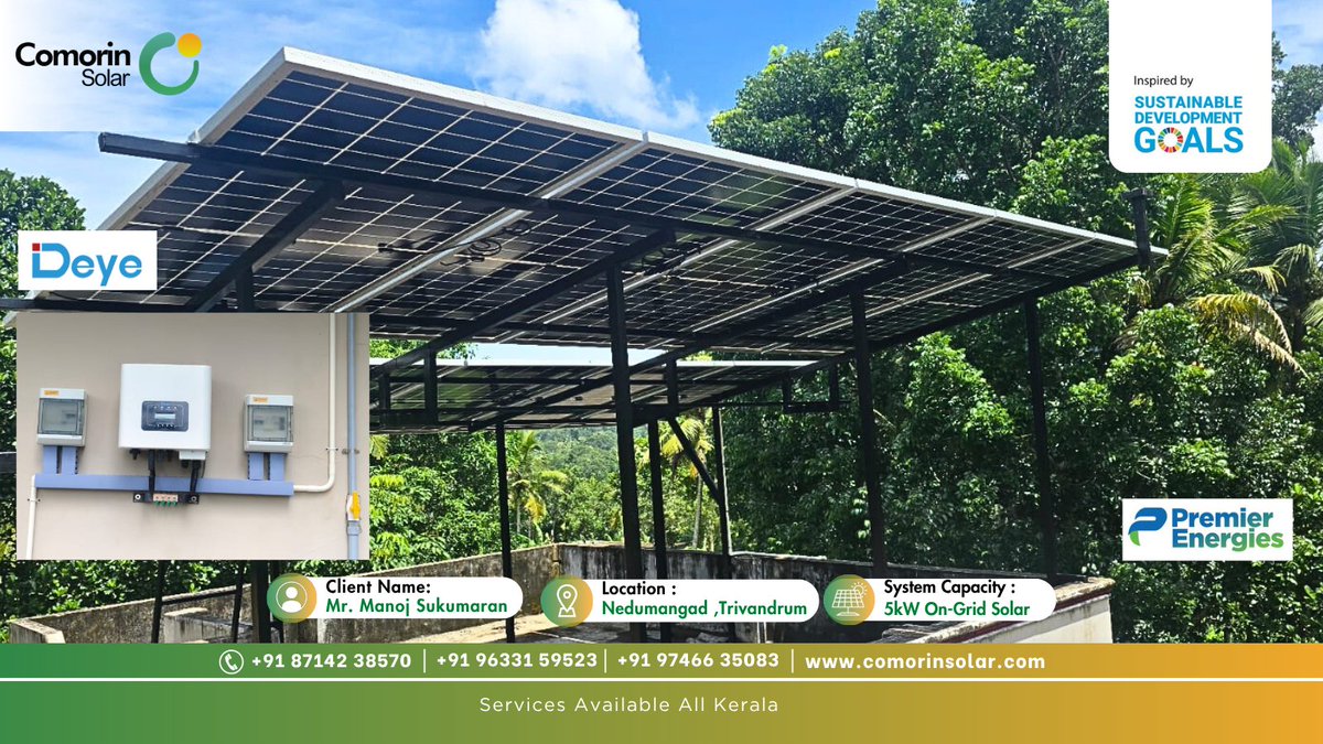 COMORINSOLAR1's tweet image. Customer Name : Mr. Manoj Sukumaran, Nedumangad, Trivandrum
👉 Project Specification — 5KW On-Grid Solar Plant
👉 Inverter —  Deye New Energy Inverter
👉 Solar Panel — Premier Energies 610Wp Panel

#energy #EnergyStorage #netzero #solarpower #solarsystem #ClimateAction #Kerala