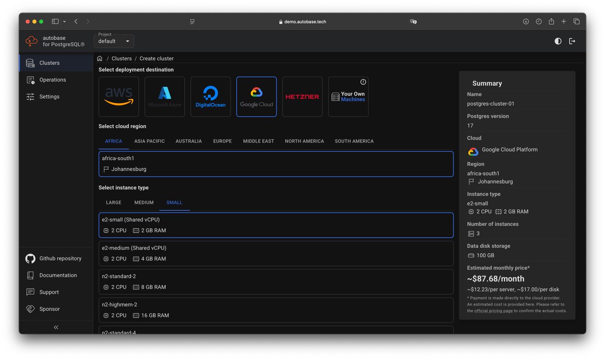 autobase_tech's tweet image. Autobase UI just got a glow-up — introducing dark mode 🌓 

Coming in the next release.

Demo: demo.autobase.tech
Token: demo

#autobase #postgres #opensource #dbass #postgresql