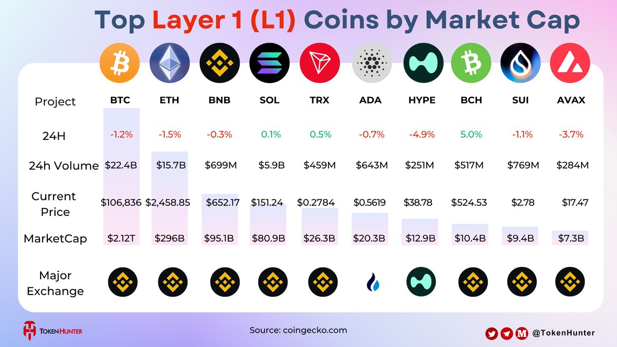 🚀 Top Layer 1 (L1) Coins by Market Cap 💸 🟠 $BTC – $2.12T @Bitcoin 💎 $ETH  – $296B @ethereum 🔥 $BNB – $95.1B @BNBCHAIN ⚡ $SOL – $80.9B @solana 🔺  $TRX –
