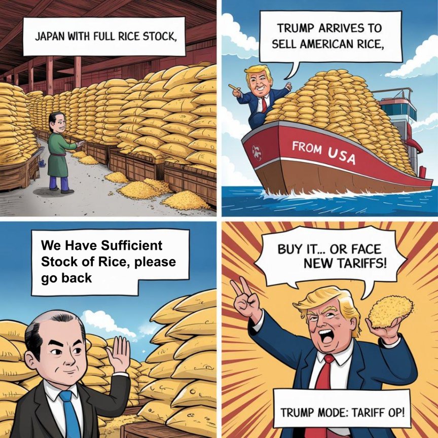 newzolokiya247's tweet photo. Trump threatens Japan with new tariffs, says it refuses to buy American rice
When you don’t need rice but America’s still trying to sell it to you 😂🍚🇺🇸
 Trump mode: Tariff OP!
#USJapanTrade #RiceWars #MemesOfIndia #AviationMemes #TrumpMemes #JapanVsUS #FunnyMemes #ViralMemes https://t.co/w0OWvhp8fD