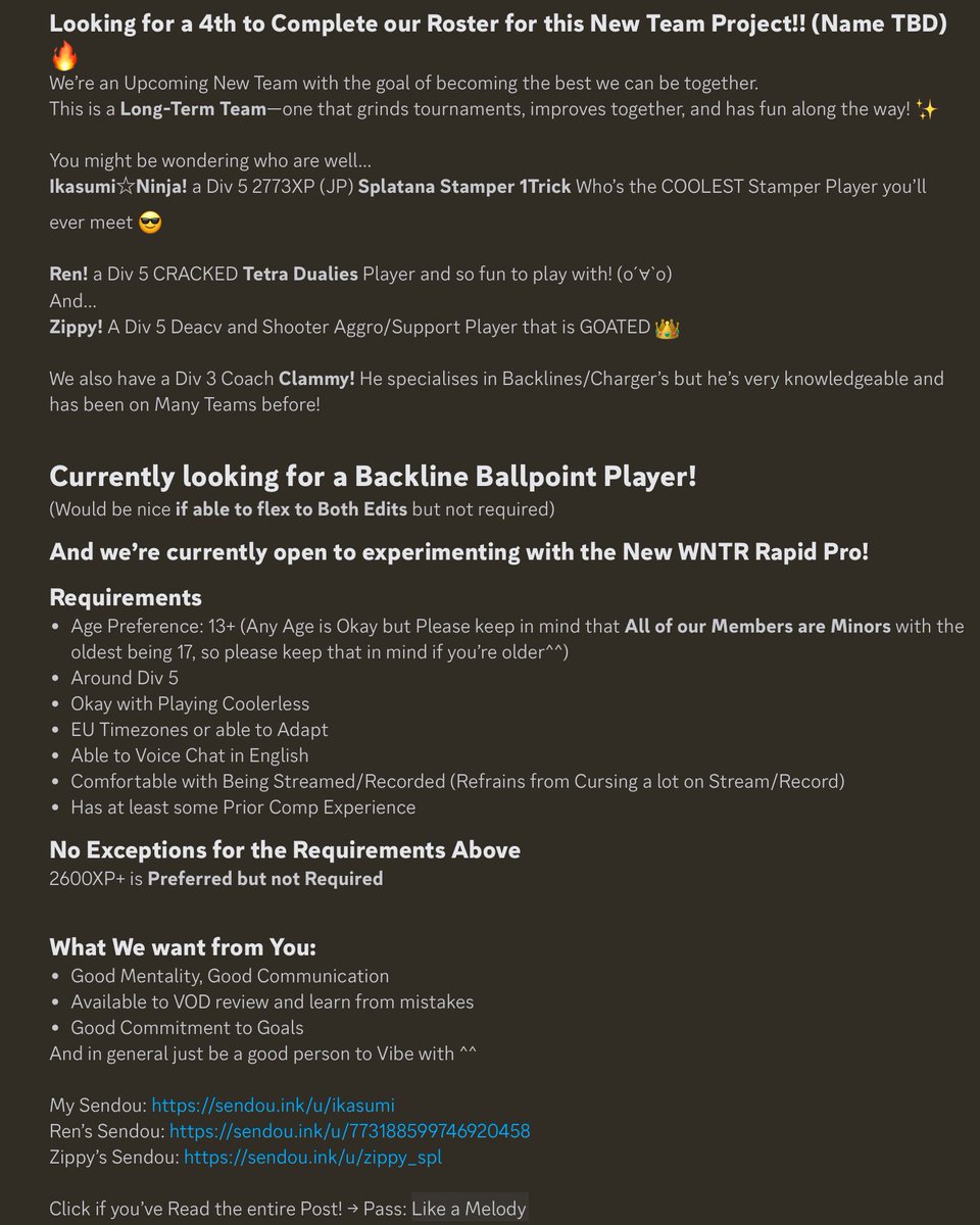 Ikasumi_Ninja's tweet photo. Updated Team Post!!
Me, @Yonokoua and @Zippy_Spla is Starting a Brand New Splatoon Team together! We’re currently looking for a 4th to Complete our Roster, more Info Below! 👇🏿

DM @ninja_tribe13 on discord

#CompSplatoon #RT
#TeamPost
#Splatoon3 https://t.co/j0XMlqsLNm