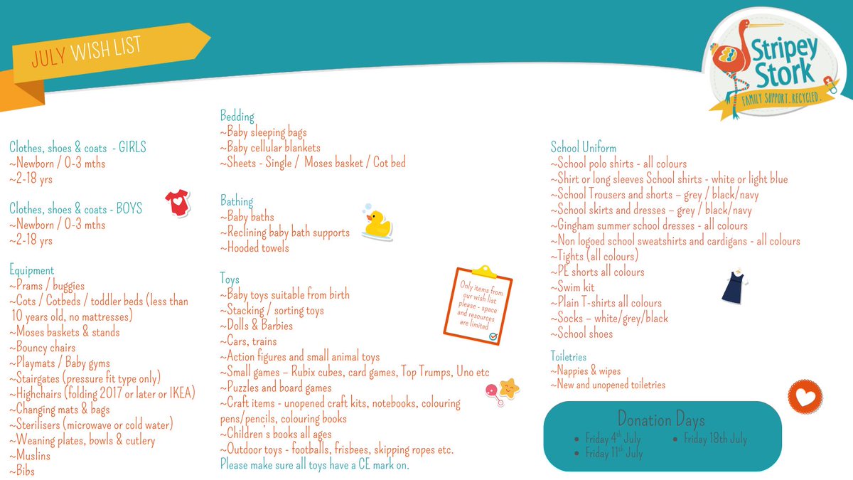 Our 𝗝𝘂𝗹𝘆 wishlist is here. Please help us stock our shelves with items that we currently need. We are now actively collecting school uniform. Every donation helps a family who need a helping hand. Book a slot here signup.com/client/invitat…