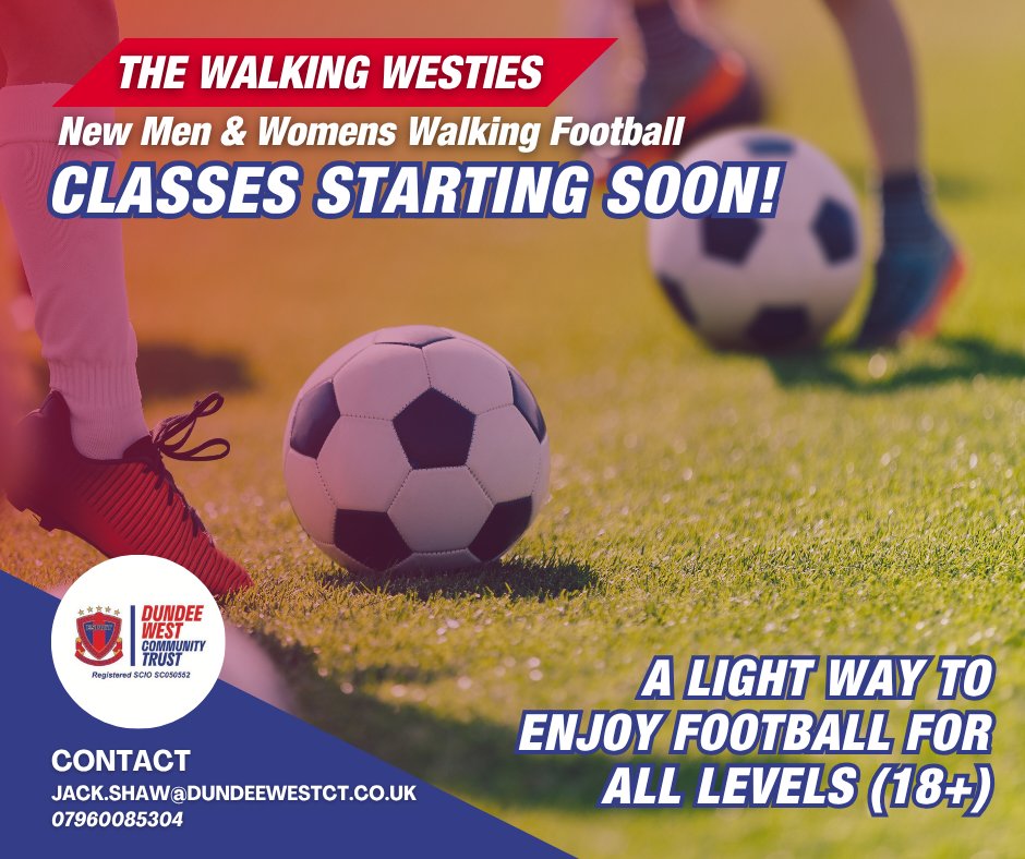 Get Ready for Walking Football with Dundee West! ⚽🚶‍♀️🚶‍♂️

We'll be running separate sessions for men and women, kicking off on Friday nights from 5 PM to 6 PM on the astro pitches at Charlotte Street.

Email jack.shaw@dundeewestct.co.uk for more info!