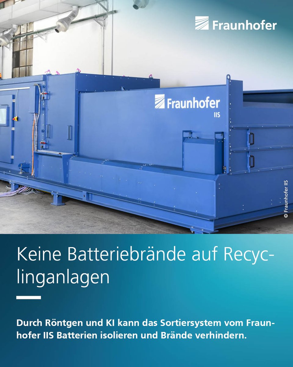 Fraunhofer's tweet image. #Batterien im Hausmüll können schwere #Brände auf Abfallsortieranlagen verursachen. Das Sortiersystem #DangerSort vom Fraunhofer IIS isoliert Batterien mithilfe von #Röntgentechnologie und #KI frühzeitig. Gut gegen Brände und für die #Kreislaufwirtschaft: s.fhg.de/Rgpg