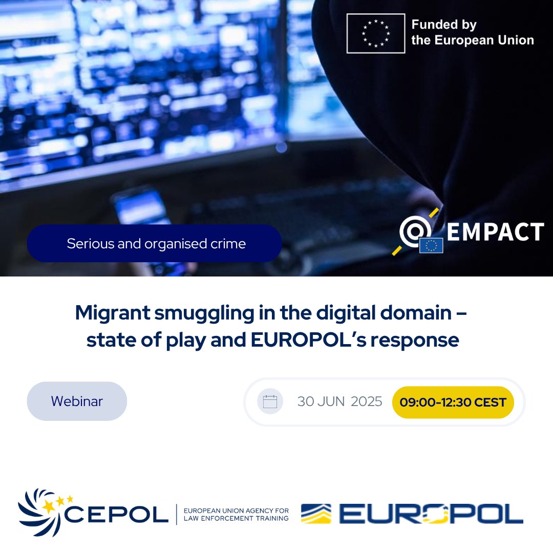 EU_CEPOL's tweet image. 🌐 Digital tools are reshaping migrant smuggling — and the response.
On 30 June, #CEPOL & @Europol hosted a webinar to explore:
🔹 Digital trends in smuggling
🔹 OSINT & online investigations
🔹 The #DIGINEX expert network
#WB_PaCT #CEPOL_TOPCOP #EUROMED_Police
