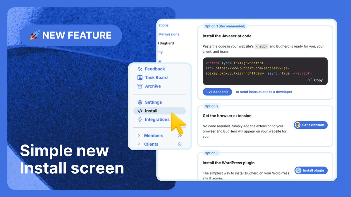New feature alert! 🚨 Installing BugHerd just got way easier. Say hello to our shiny new Install screen - faster, simpler, and smoother than ever.

Check it out 👉 updates.bugherd.com/release/griXK-…
