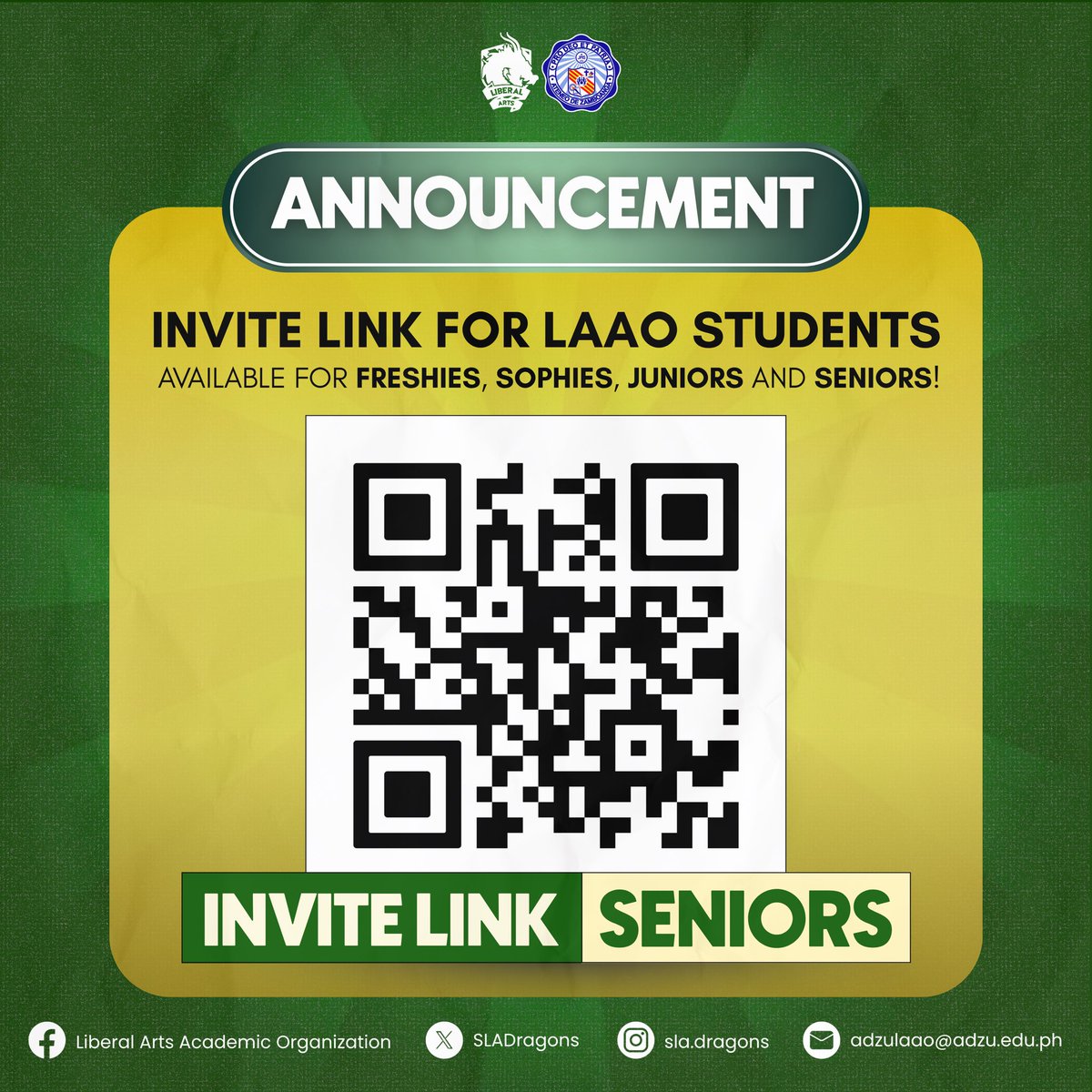 SLADragons's tweet photo. HEY THERE, INCOMING LAAO FRESHIES &amp; UPPERCLASSMEN! 📣

To stay informed, connected, and updated with important announcements and activities, join your official year-level group chat now!

#LAAOudAndProud 
#WithLAAOve 
#LAAO2526 https://t.co/10k0nhAI5i