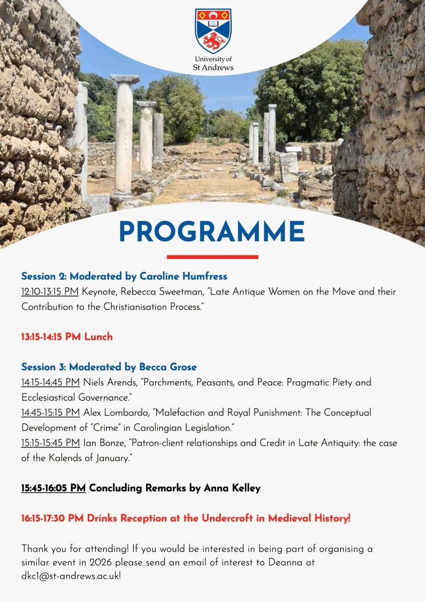 StA_Classics's tweet photo. #Today starting at 10am: "St Andrews Interdisciplinary Postgraduate #Workshop in Late Antique and Early Medieval Studies."

Speakers are Deanna Cunningham, Shannon McMillan, Freja Stamper, Niels Arends, Alex Lombardo, and Ian Bonze. Rebecca Sweetman will give the keynote. https://t.co/5rujP23HNu