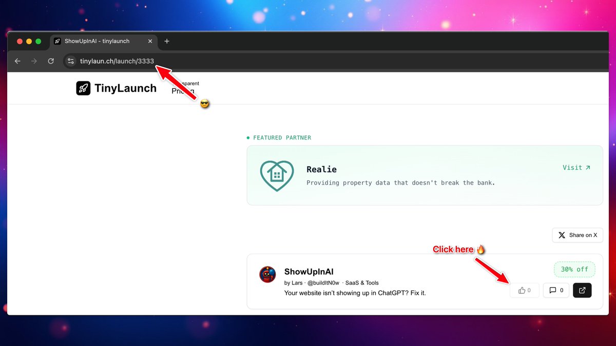 It's Launch Day!

<a href="/ShowUpInAI/">ShowUpInAI 🚀</a> is live on <a href="/chrissyinspace/">Christopher Woggon</a>'s <a href="/tinylaunch/">tinylaunch</a> 🚀
Appreciate any support 🙏 👇

Managed to get a super cool ID in the url 😃
