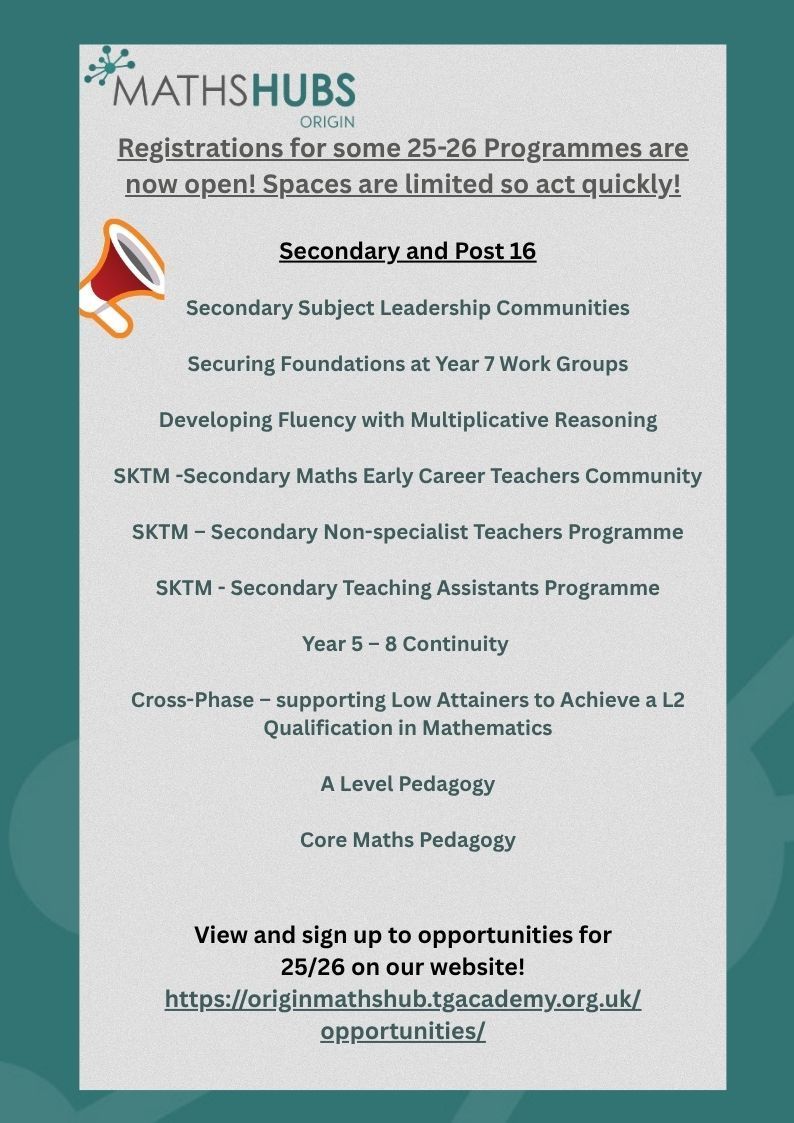 🎓 Calling all Secondary &amp; Post-16 educators!
Our 2025–26 programmes are now open for registration! Whether you're leading, teaching, or supporting in maths, we’ve got something just for you

Spaces are limited – don’t wait!
🔗 Explore and sign up today: buff.ly/39JUOnR