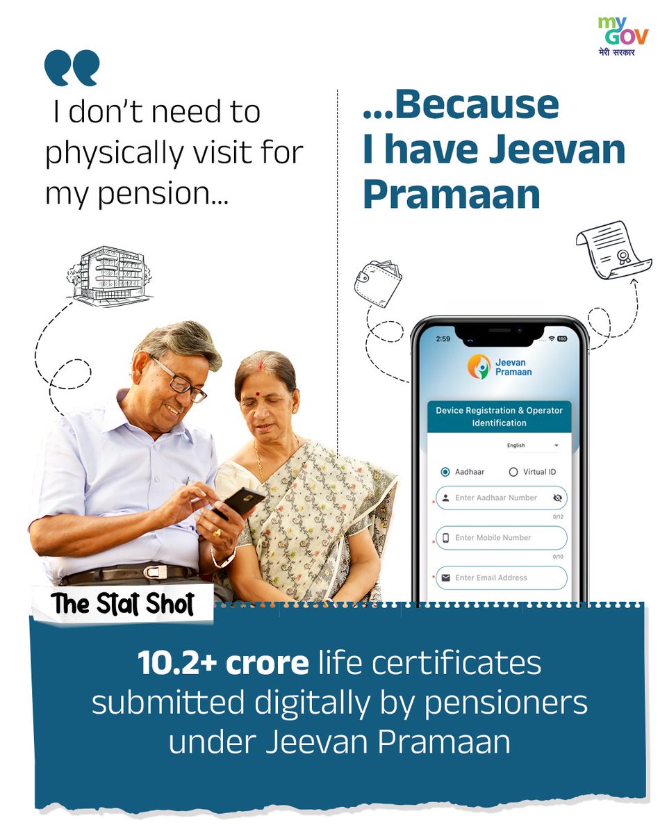 TheXplainations's tweet photo. 💰 You don’t have to go to the bank for your pension...
Because you have Jeevan Pramaan for digital life certificates!
Over 10.2 crore life certificates have been submitted online by pensioners, making the process quick, easy, and fraud-proof.
#PensionSimplified #DigitalServices #DigitalIndia #10YearsOfDigitalIndia #डिजिटलइंडिया