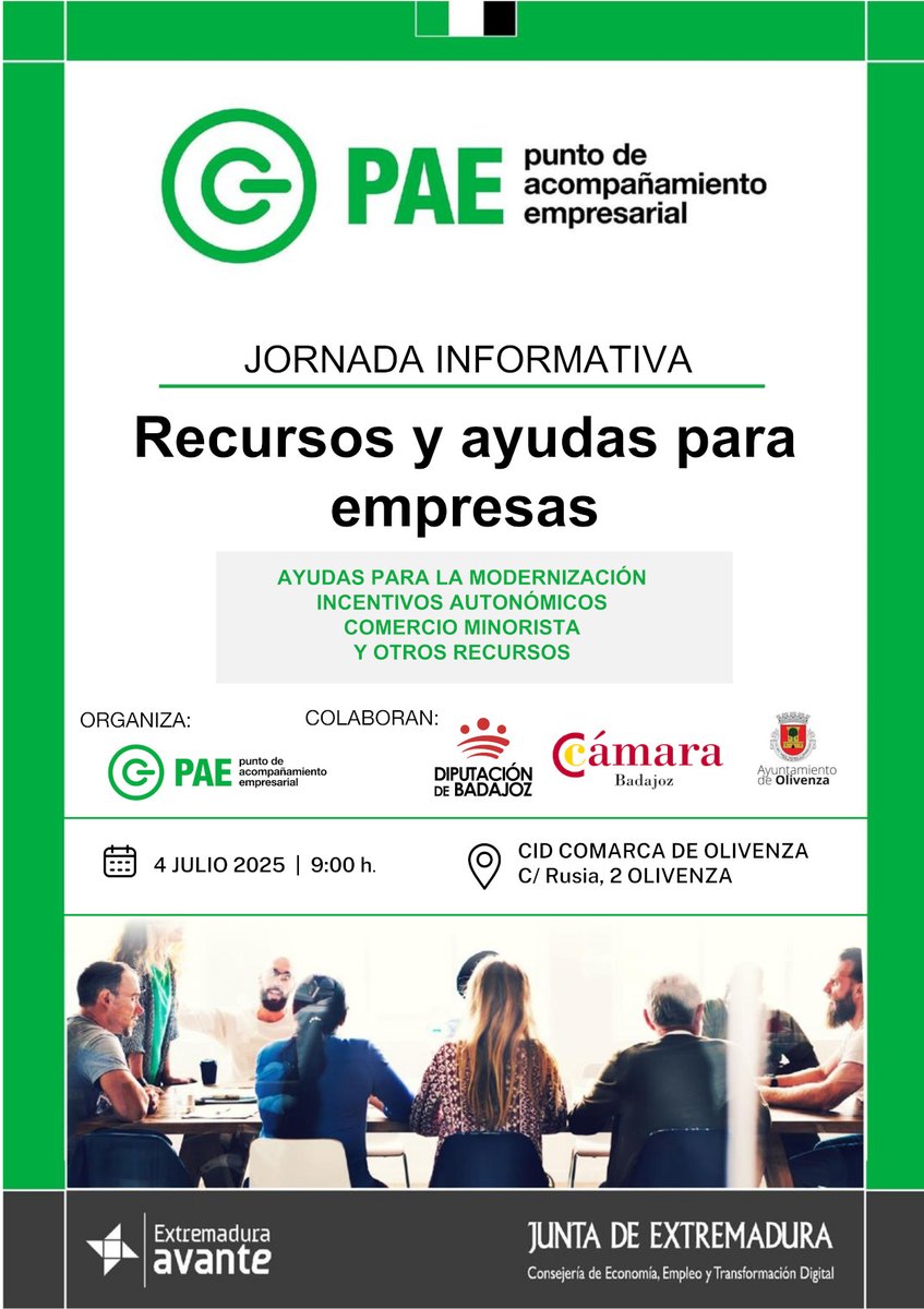 EDOlivenza's tweet photo. Jornada informativa "Recursos y ayudas para empresas".
Ayudas para la modernización incentivos autonómicos comercio minorista y otros recursos.

PAE Punto de Acompañamiento Empresarial
4 JULIO 2025 | 9:00 h. 
CID COMARCA DE OLIVENZA C/ Rusia, 2 OLIVENZA https://t.co/V0FVMr5Ndw