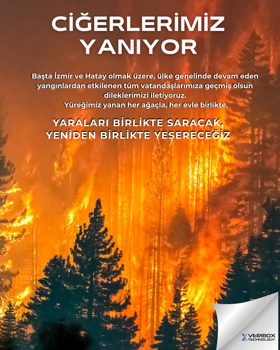 VeriboxTR's tweet photo. Ülkemizin birçok bölgesinde ortaya çıkan yangınlardan dolayı çok üzgünüz. 
Yangından etkilenen tüm canlarımıza geçmiş olsun dileklerimizi iletiyor ve bölgede canla başla çalışan ekiplerimize kolaylıklar diliyoruz.

#ormanyangını #izmir #hatay https://t.co/EGw4hharjn