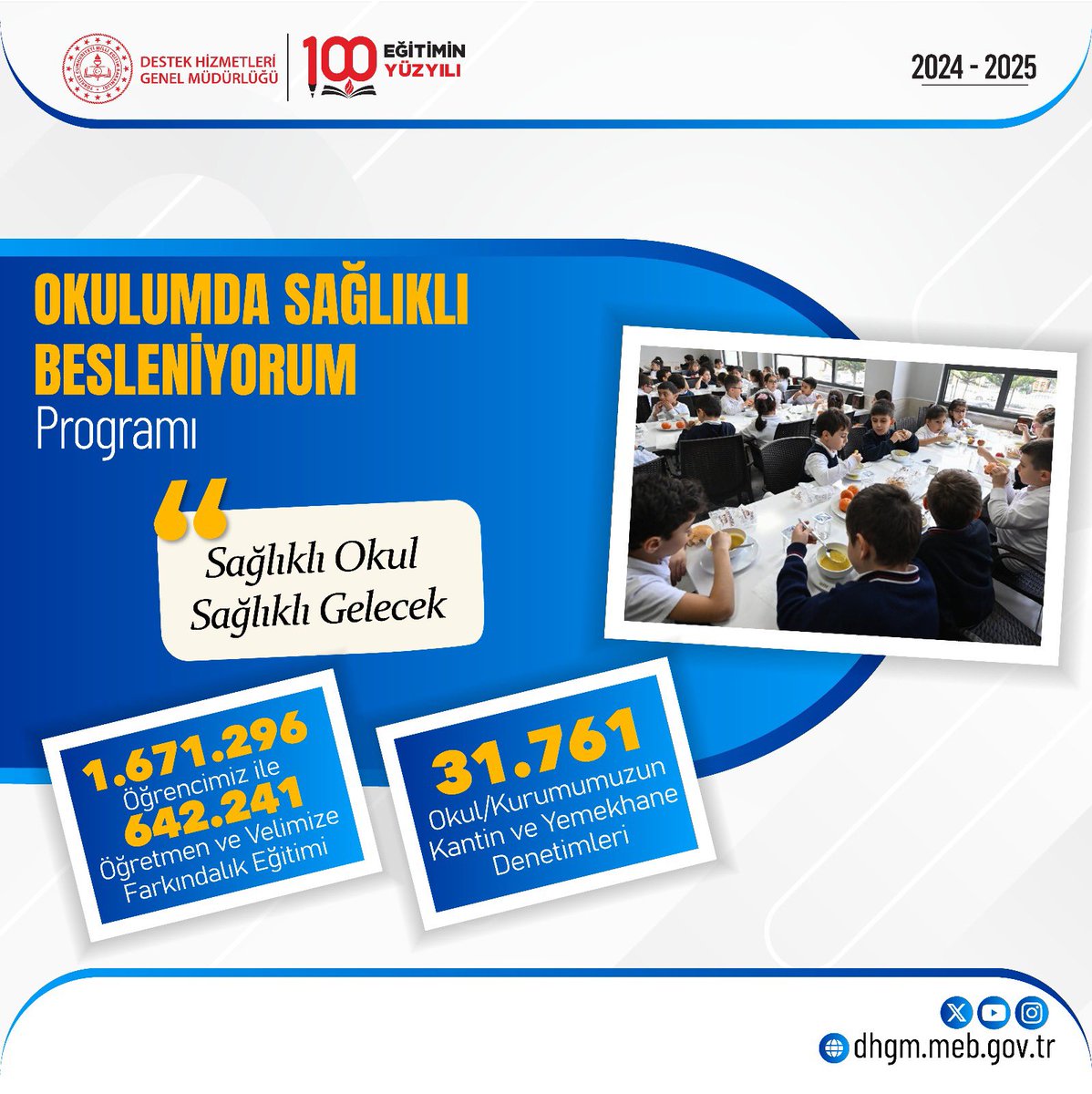 T.C. MEB Destek Hizmetleri Genel Müdürlüğü (@meb_dhgm) on Twitter photo "Okulumda Sağlıklı Besleniyorum" programı kapsamında çocuklarımıza sağlıklı yaşam alışkanlıkları kazandırmak için eğitimler verdik. Ayrıca okul/kurumlarımızdaki kantin ve yemekhanelerde hijyen koşullarını iyileştirmeye yönelik denetimler yaptık.
<a href="/tcmeb/">Millî Eğitim Bakanlığı</a> <a href="/Yusuf__Tekin/">Yusuf Tekin</a> <a href="/omurfatih/">Ömür Fatih Karakullukçu</a> "Okulumda Sağlıklı Besleniyorum" programı kapsamında çocuklarımıza sağlıklı yaşam alışkanlıkları kazandırmak için eğitimler verdik. Ayrıca okul/kurumlarımızdaki kantin ve yemekhanelerde hijyen koşullarını iyileştirmeye yönelik denetimler yaptık.
<a href="/tcmeb/">Millî Eğitim Bakanlığı</a> <a href="/Yusuf__Tekin/">Yusuf Tekin</a> <a href="/omurfatih/">Ömür Fatih Karakullukçu</a>