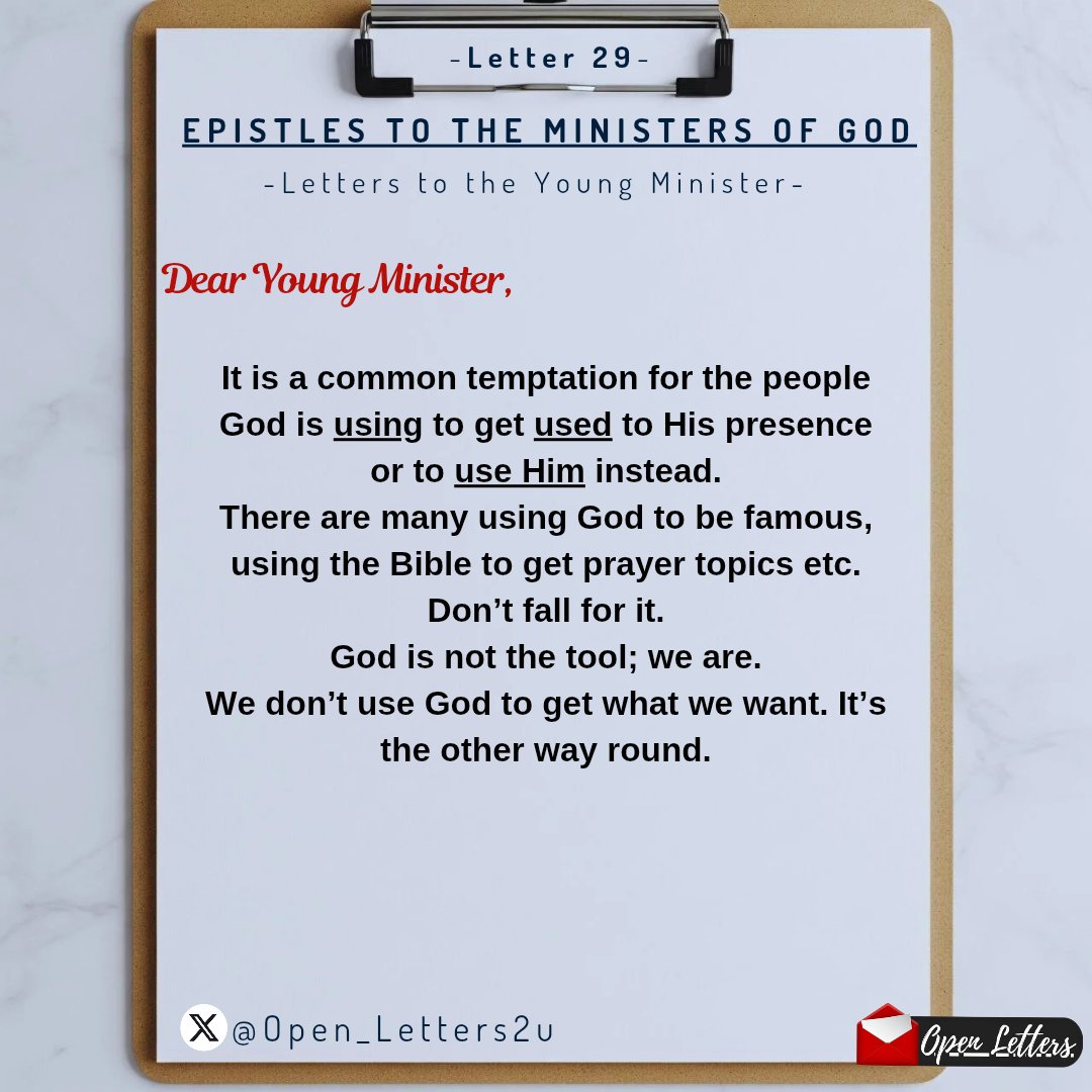 Open_Letters2u's tweet photo. Dear Young Minister,
God is not the tool; you are🙏. Maintain that order

#JesusChrist #Trending #prayer https://t.co/nGVFM9b0tz