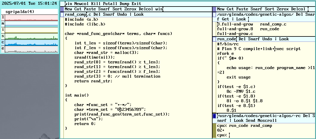 ShannAurelle's tweet image. Today, I am preparing rc scripts for running Plan 9 C programs with genetic algos🥰 #9front #Plan9

Its task is simple: compile, link, and execute standalone C programs