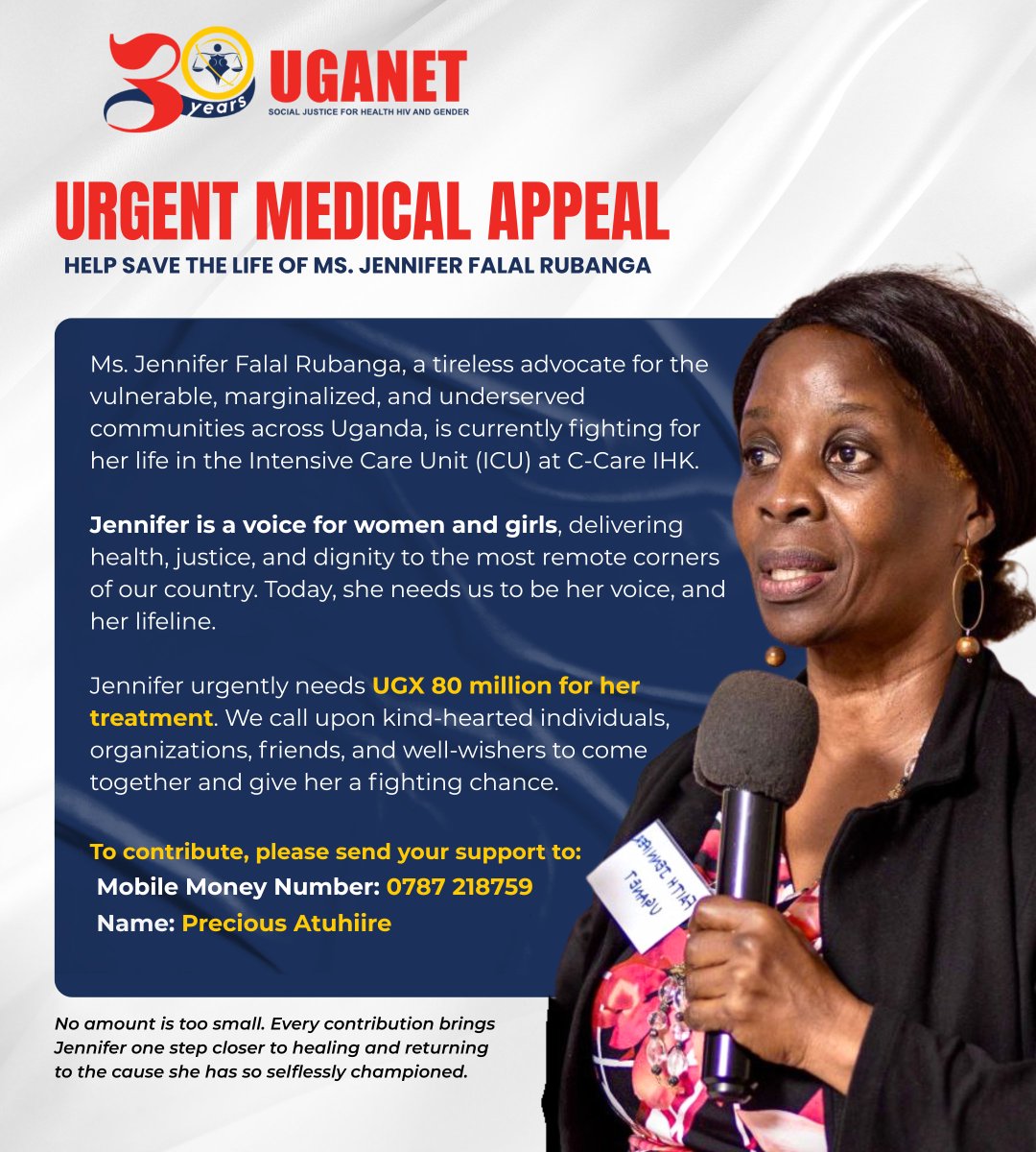 Uganetlaw's tweet image. 🚨 URGENT MEDICAL APPEAL 🚨
Our colleague and sister, Ms. Jennifer Falal Rubanga, is currently in the ICU at C-Care IHK fighting for her life. She urgently needs UGX 80 million for treatment.
Jennifer has dedicated her life to advocating for the vulnerable, reaching the hardest…