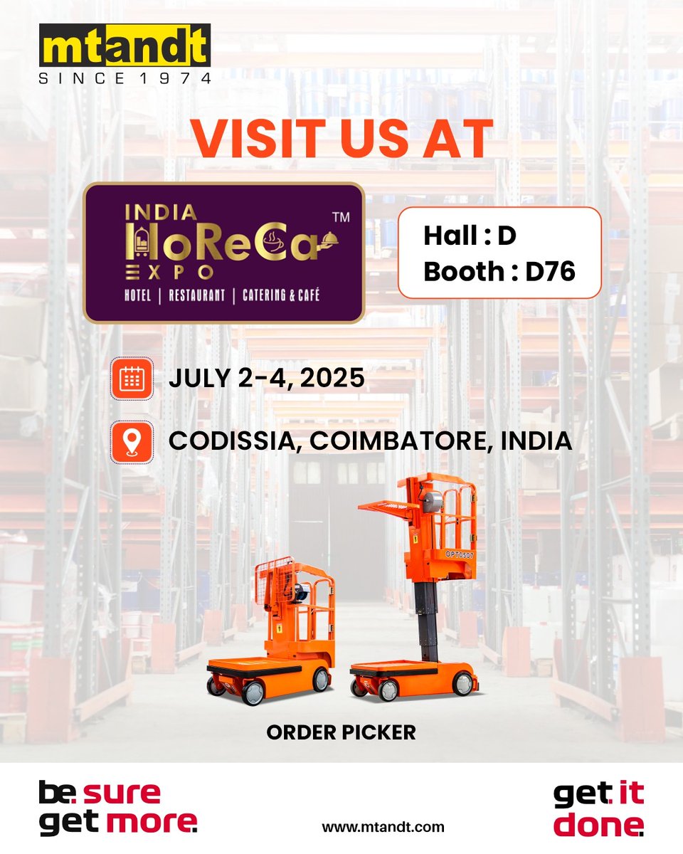 Mtandt_Group's tweet image. Explore how Mtandt’s Order Pickers are redefining warehouse access for the HoReCa industry.

Compact. Safe. Built for indoor efficiency.

See it live at India HoReCa Expo 2025.

Hall D | Booth D76 | July 2–4 | Coimbatore
#Mtandt #OrderPicker #HoReCa2025 #warehouseefficiency