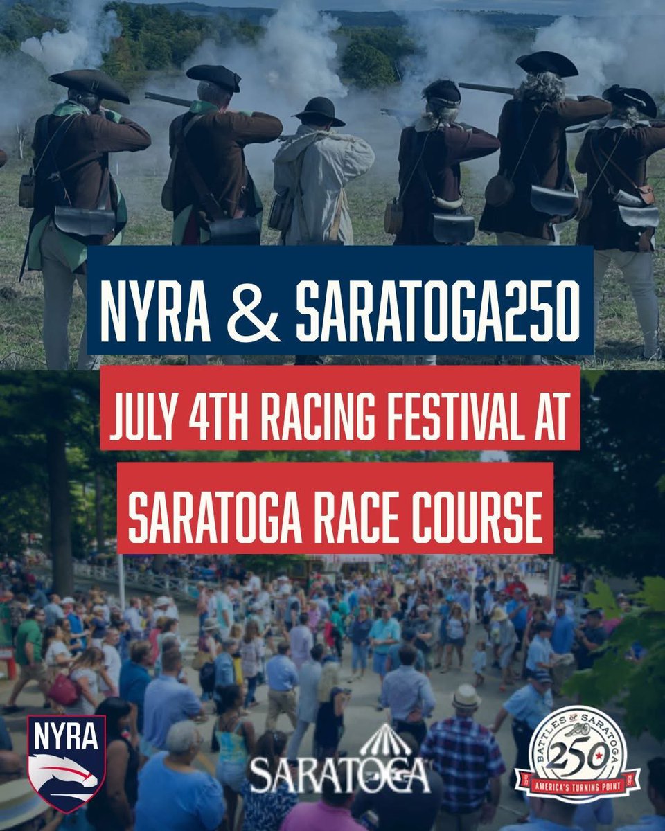 kellehersp's tweet image. 🇺🇸 History meets horsepower at Saratoga! 🐎
Saratoga250 x NYRA team up for a 4th of July weekend like no other.
🎆 Living historians
🎖️ Military tributes
📜 Declaration reading
🪖 1777 cannon
🎥 On FOX Sports
📅 July 3–6 at Saratoga Race Course
🌐 More: saratoga250.com