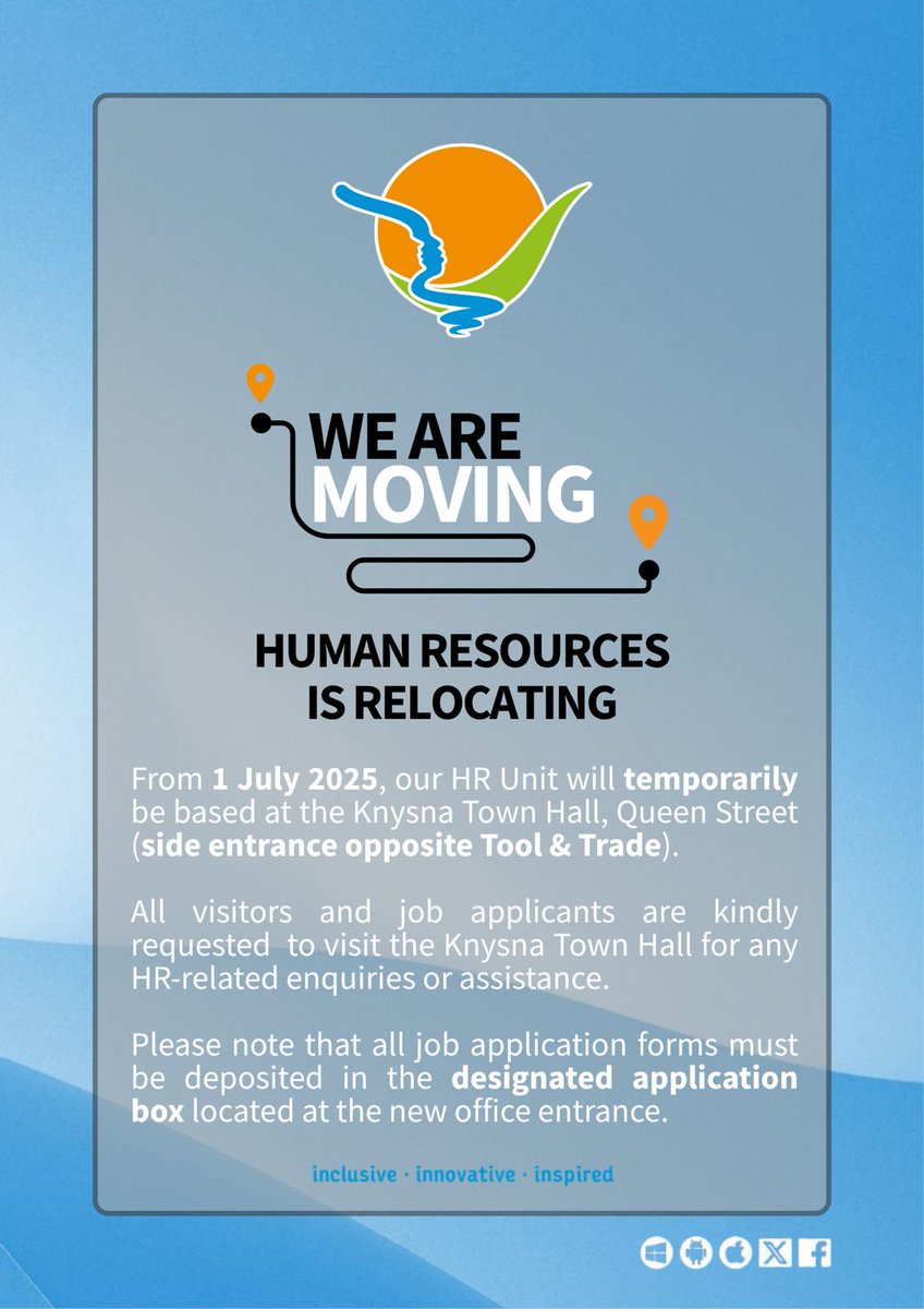 TEMPORARY RELOCATION OF MUNICIPAL HUMAN RESOURCES (HR) UNIT OFFICES 📢 

Knysna Municipality thanks all stakeholders for their cooperation and understanding during this transition.  

Enquiries: Tel: 044 302 6300📱

#inclusive #innovative #inspired