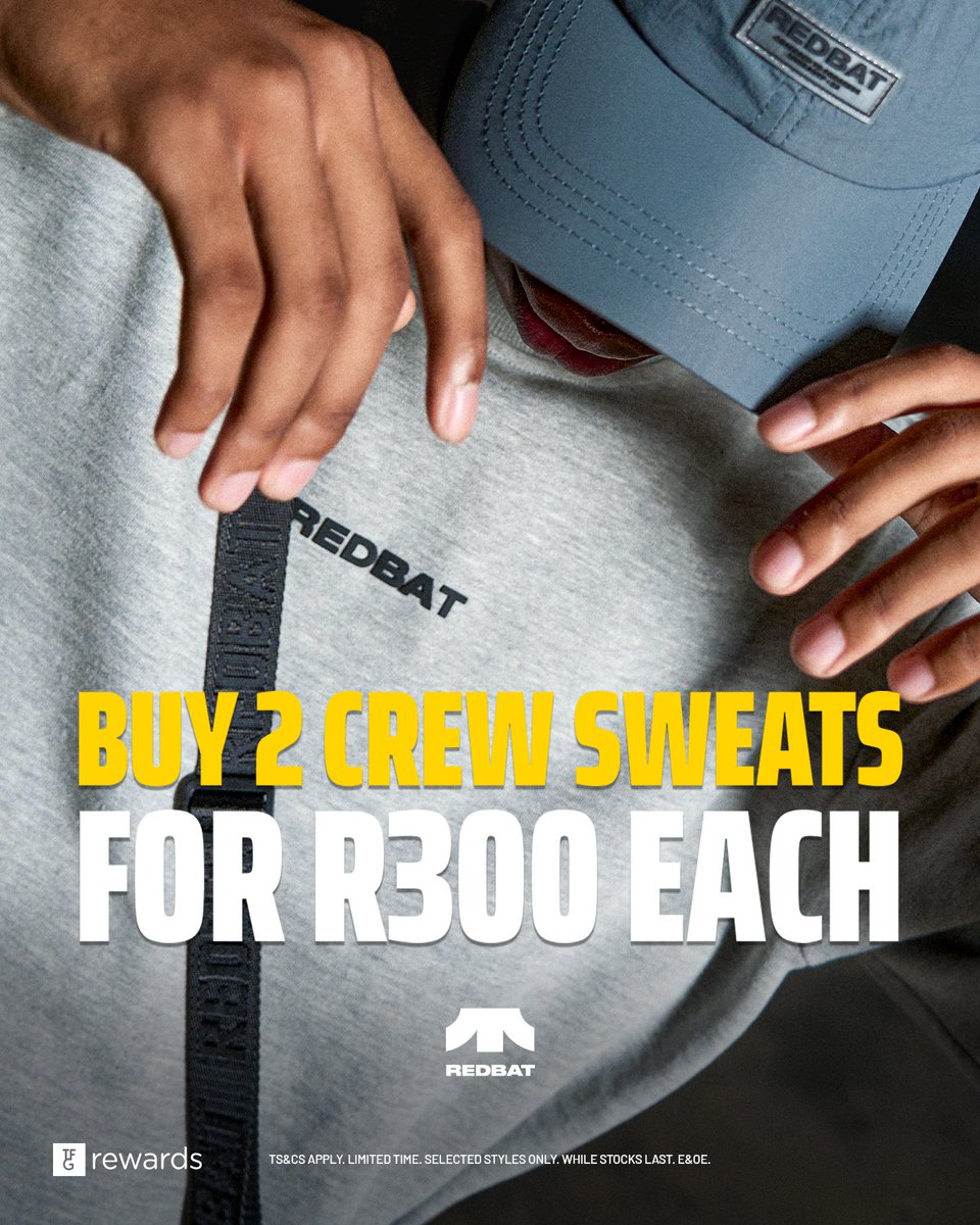 Level up your fit &amp; save big! Get 2 selected Redbat Classics Crew Sweats for just R300 each—that’s a R100 total saving! TFG Rewards Members, shop in-store, Bash mobi app &amp; online: bit.ly/4jTcBCu

Not a 💳 TFG Rewards Members -  Register for FREE at your nearest store.