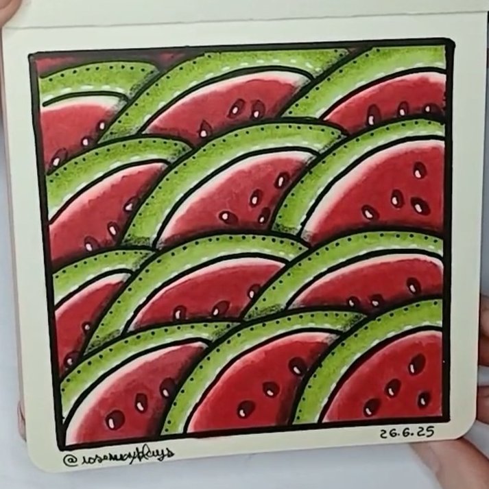 rosemayplays's tweet photo. Watermelon Slices - Nothing is nicer in this heat 🍉🌞🔥
(Hot to Draw and Color Watermelon Slices With Alcohol Markers video on my YouTube Channel. Linked below)
Stay hydrated out there.💧🥤

#art #drawing #sketchbook #myart #illustration #artist #traditionalart #ArtistOnTwitter https://t.co/gtOZXolPtH