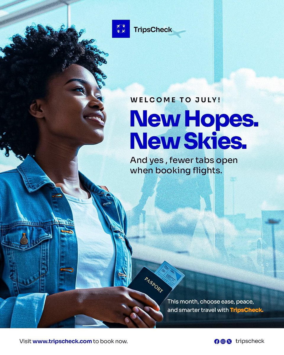 tripscheck's tweet photo. Flying for work, family, or pure enjoyment this July? TripsCheck is here to make your trip easier, faster, and lighter on your pocket.
Search. Compare. Book. All in one place.
🥂To smooth journeys and soft landings this month. Happy New Month!
#NewMonth #TripsCheck #TravelSmart https://t.co/zjXMYtULXY