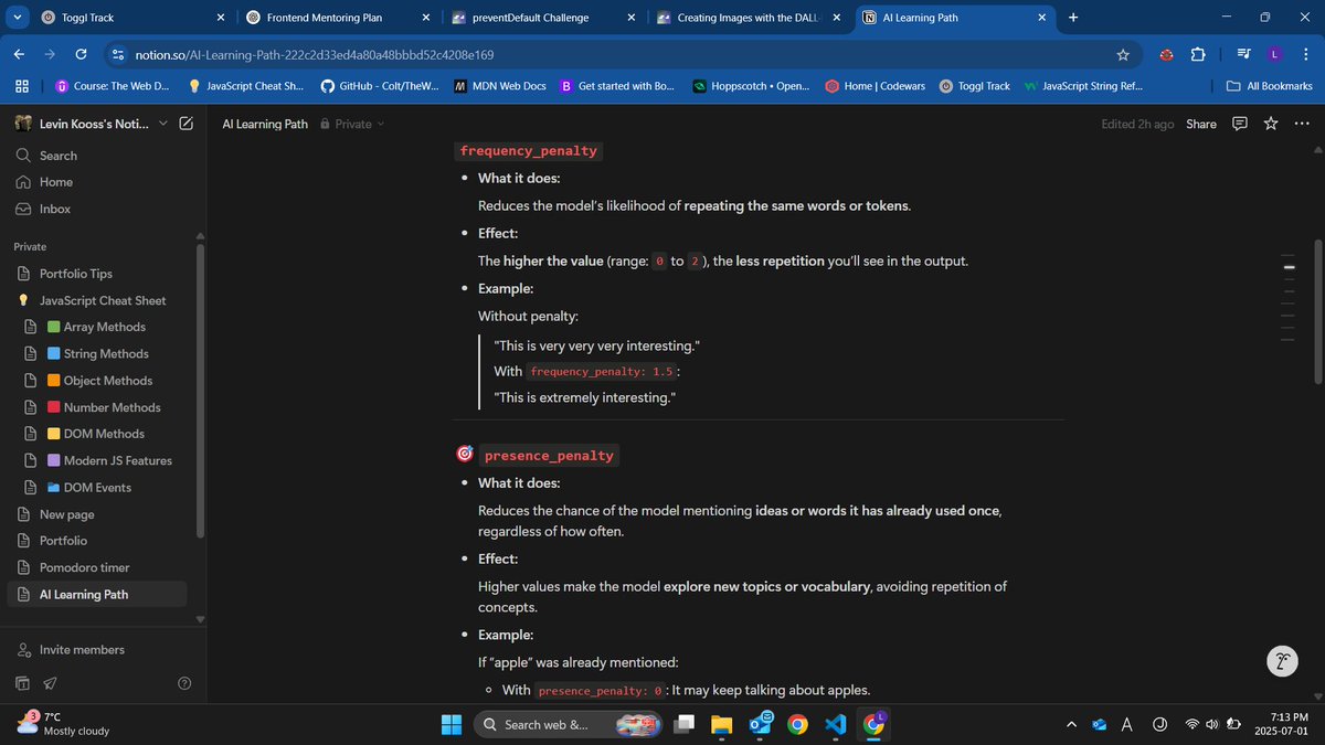 LevKoDesign's tweet photo. DOM logic ✅
AI Engineering course ✅
Mixing frontend with AI workflows.

Posted some of today’s notes on prompt design + penalties.

#AIEngineer #JavaScript #FrontendDev #LearningInPublic https://t.co/WNP8TUUrgm