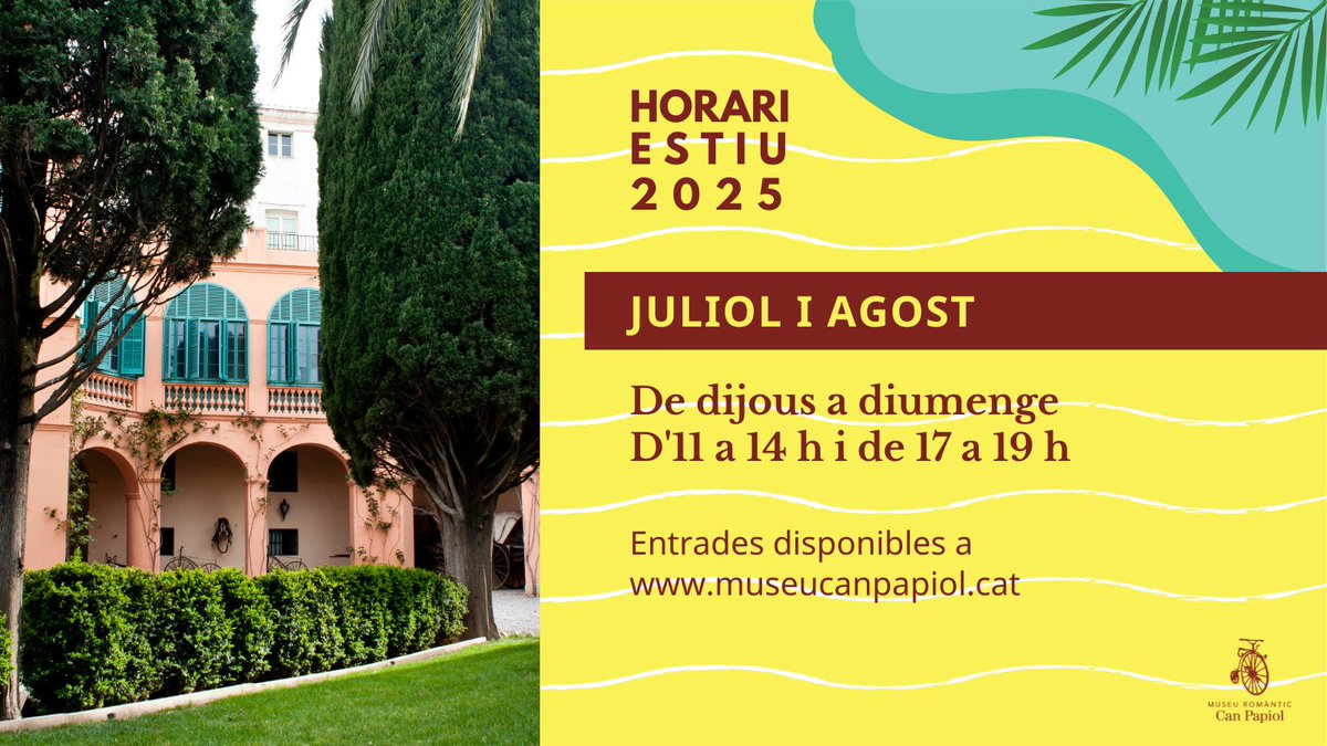 𝗘𝘀𝘁𝗶𝘂 𝟮𝟬𝟮𝟱 𝗮 𝗖𝗮𝗻 𝗣𝗮𝗽𝗶𝗼𝗹 ☀️
Ampliem l'horari durant els mesos de juliol i agost 👉 De dijous a diumenge, d'11 a 14 h i de 17 a 19 h.
🏛️ Les visites són sempre guiades, i tenen una durada aproximada d'una hora.
🎟️ Entrades a museucanpapiol.cat
Us hi esperem!