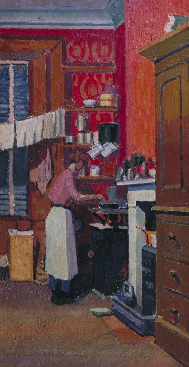 Following his marriage to Mollie Kerr in 1912, Spencer Gore moved into a first-floor flat in Houghton Place, behind Mornington Crescent underground station, London. Here, he shows Mollie in the kitchen preparing breakfast in the painting 'The Gas Cooker.'