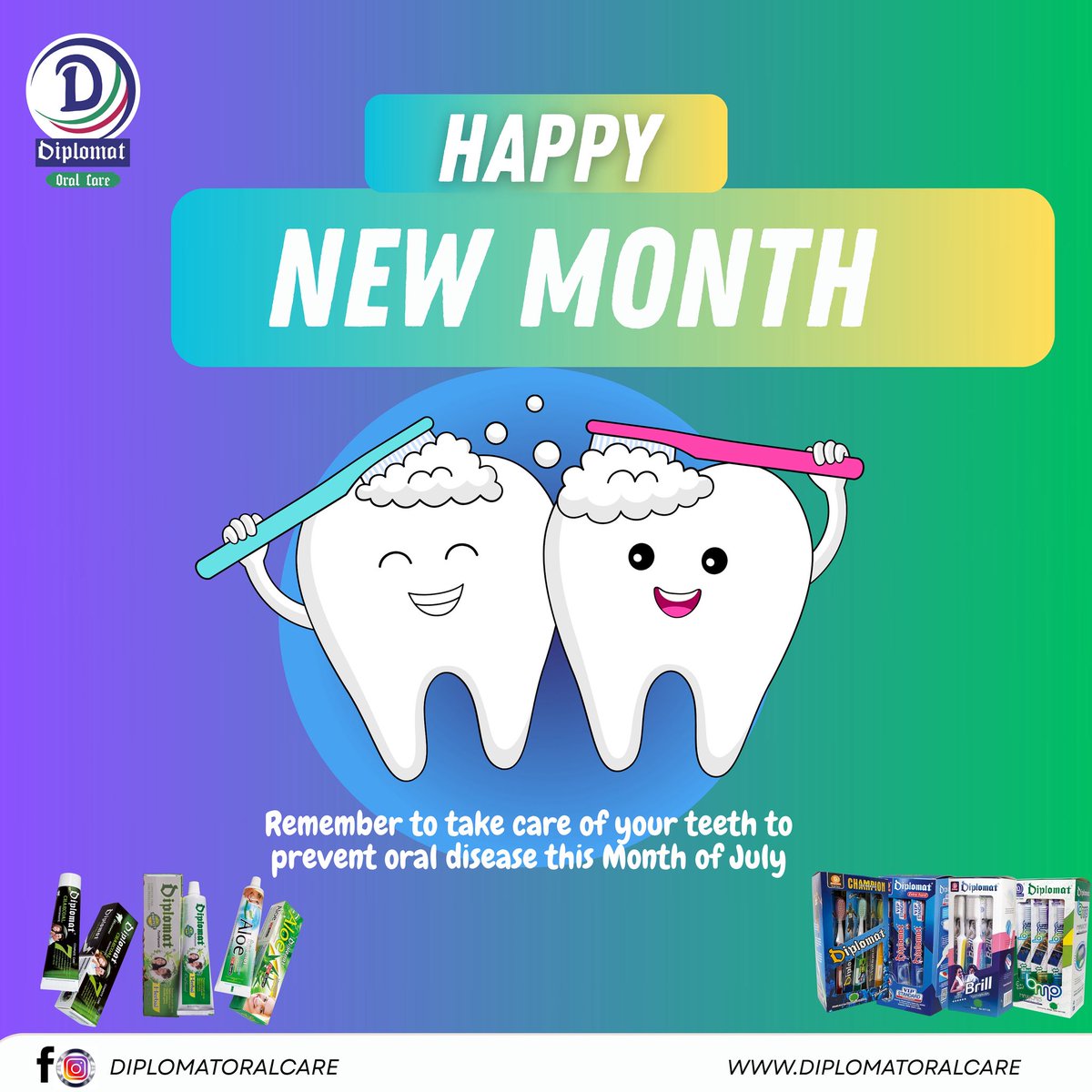 Diplomatoralc's tweet photo. ✨ Happy New Month from Diplomat Oral Care! 🦷
Start July with a bright smile and healthy habits.
Brush twice daily and protect your teeth from oral diseases.
Let your smile shine all month long! 😁✨

#HappyNewMonth #DiplomatOralCare #OralHygiene #HealthySmile #BrushDaily #DentalCare #JulyVibes