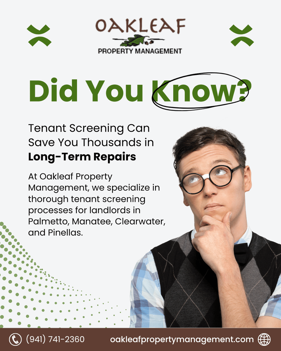 OakleafPM's tweet photo. 🏡 Proper tenant screening is essential for protecting your property &amp; saving you money on long-term repairs.

📞 Call us today: (941) 741-2360
🌐 Visit: https://t.co/l7F4yHMPJc

#OakleafPropertyManagement #PalmettoRentals #ManateeProperties #ClearwaterLandlords #LandlordSupport https://t.co/Iv3P5C2Tlo