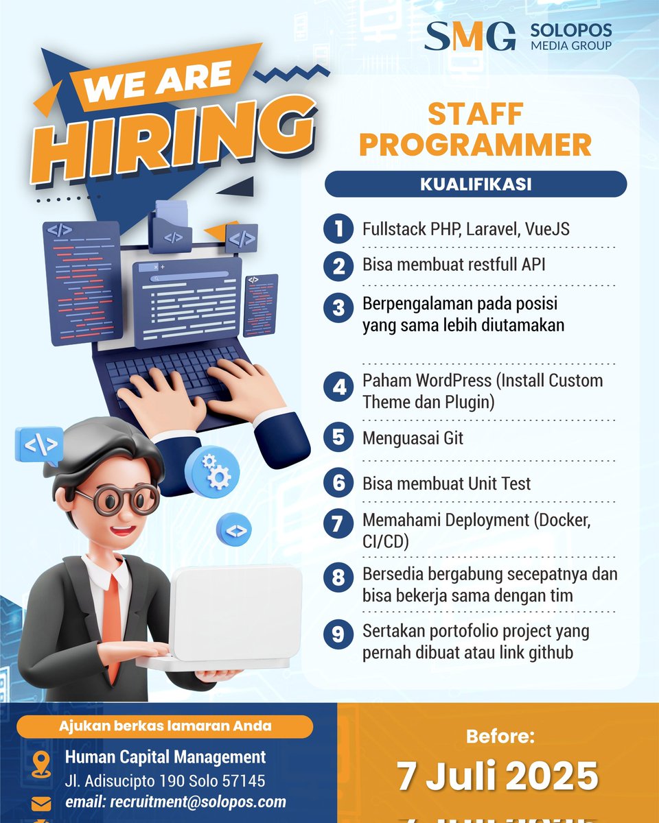 lokersoloraya's tweet image. 💻 WE ARE HIRING – STAFF PROGRAMMER
Solopos Media Group (SMG) 

📍 Kirim lamaran ke:
📧 Email: recruitment@solopos.com
📆 Deadline: 7 Juli 2025

#LokerProgrammer #LowonganKerjaIT #LokerSolo #LowonganSolo #LokerSMG #StaffProgrammer #KarirTeknologi #LokerDeveloper #LokerFullstack