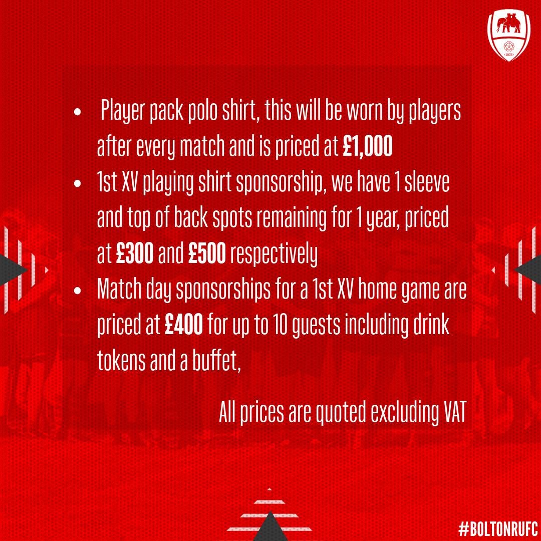 Bolton Rugby Club (@boltonrufc) on Twitter photo SPONSORSHIP OPPORTUNITIES
We're looking forward to the new season & we have some fantastic sponsorship opportunities for you. We have several different options for you to choose from, see below for all the information. If you're interested please email sponsorus@boltonrugby.co.uk SPONSORSHIP OPPORTUNITIES
We're looking forward to the new season & we have some fantastic sponsorship opportunities for you. We have several different options for you to choose from, see below for all the information. If you're interested please email sponsorus@boltonrugby.co.uk