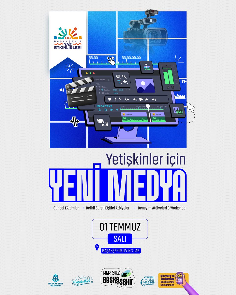 byenimedya's tweet photo. 🎬 YENİ MEDYA AKADEMİ YAZ DÖNEMİ EĞİTİMLERİ BAŞLIYOR! 📸
Çocuklar ve yetişkinler için yepyeni bir medya deneyimi seni bekliyor!
🎯 Güncel Eğitimler
🎯 Belirli Süreli Eğitici Atölyeler
🎯 Deneyim Atölyeleri &amp; Workshoplar
🟡 Başvuru ve detaylar Başakşehirli Mobil Uygulama’da https://t.co/wehcAL9HZb