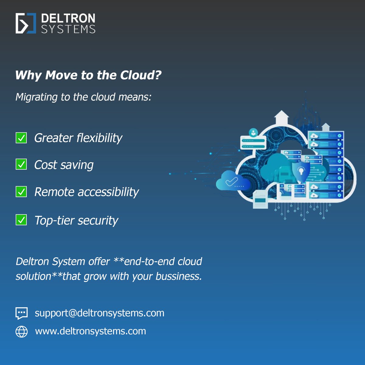 DeltronSystems's tweet photo. Why move to the cloud? ☁️
✔️ Flexibility
✔️ Cost saving
✔️ Remote access
✔️ Strong security
Deltron Systems provides end-to-end cloud solutions that grow with your business.
📧 support@deltronsystems.com
🌐 https://t.co/lEzxX3PVS7
#cloudmigration #TechSolutions #CloudComputing https://t.co/QmeA2y3YZi