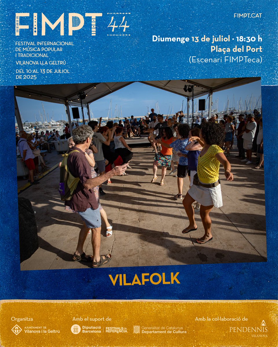 👉 Presentem les artistes del #44FIMPT 📍Del 10 al 13 de juliol de 2025 a Vilanova i la Geltrú 🎵 Els músics i balladors del @vilafolk proposen un “punt de trobada de música i dansa folk” en el marc del FIMPT. És un espai obert a la participació de músics i balladors que vulguin.