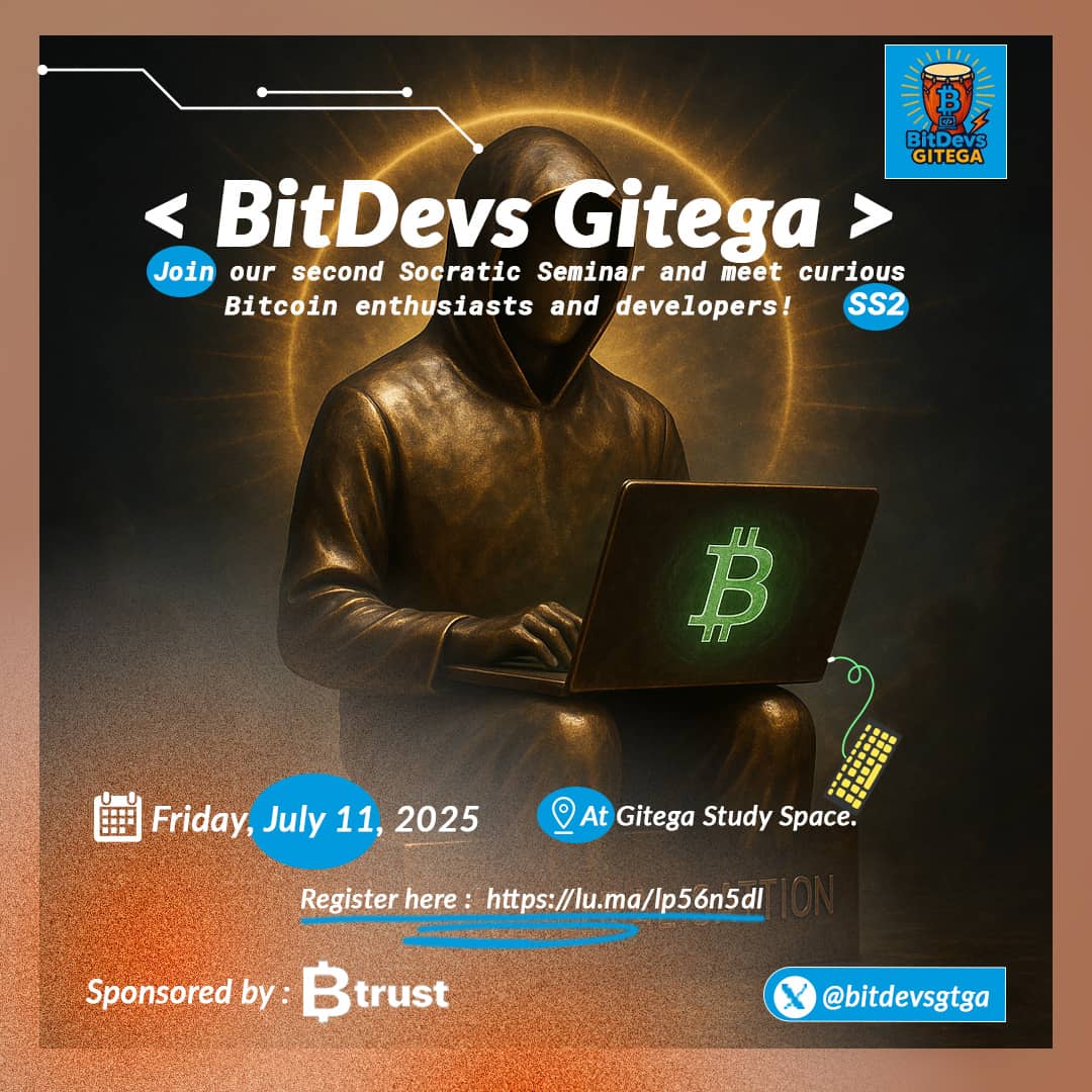 Bitdevs Gitega (@bitdevsgtga) on Twitter photo 🚀 Dive into the second Socratic Seminar with <a href="/bitdevsgtga/">Bitdevs Gitega</a> !
Connect with fellow #Bitcoin devs & thinkers to discuss decentralized tech, Lightning ⚡, privacy tools & real-world applications.
📍 Gitega Study Space
đź“… July 11, 2025
🔗 Sign up here: lu.ma/8zhhtr5a 🚀 Dive into the second Socratic Seminar with <a href="/bitdevsgtga/">Bitdevs Gitega</a> !
Connect with fellow #Bitcoin devs & thinkers to discuss decentralized tech, Lightning ⚡, privacy tools & real-world applications.
📍 Gitega Study Space
đź“… July 11, 2025
đź”— Sign up here: lu.ma/8zhhtr5a