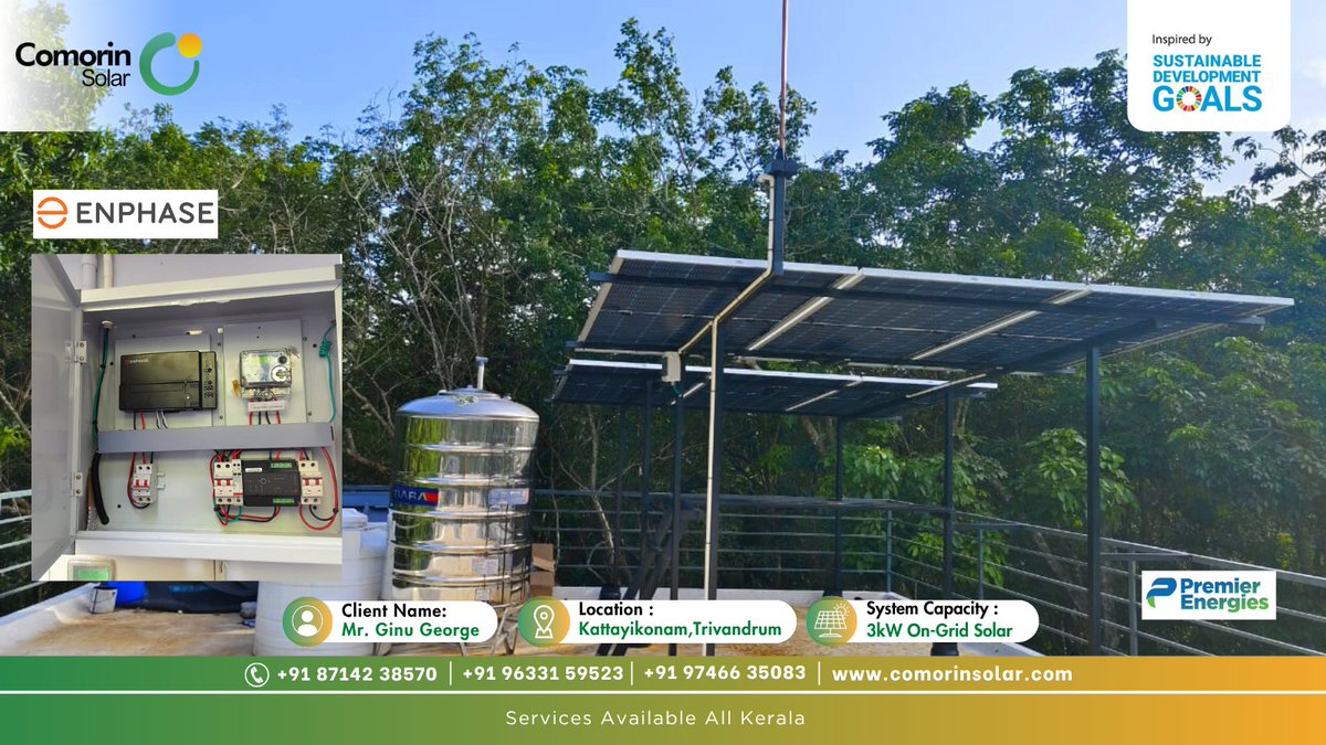 COMORINSOLAR1's tweet image. Customer Name : Mr. Ginu George, Kattayikonam, Trivandrum
👉 Project Specification — 3KW On-Grid Solar Plant
👉 Inverter — Enphase India Micro Inverter
👉 Solar Panel — Premier Energies 540Wp Panel

#energy #EnergyStorage #netzero #solarpower #solarsystem #ClimateAction #Kerala
