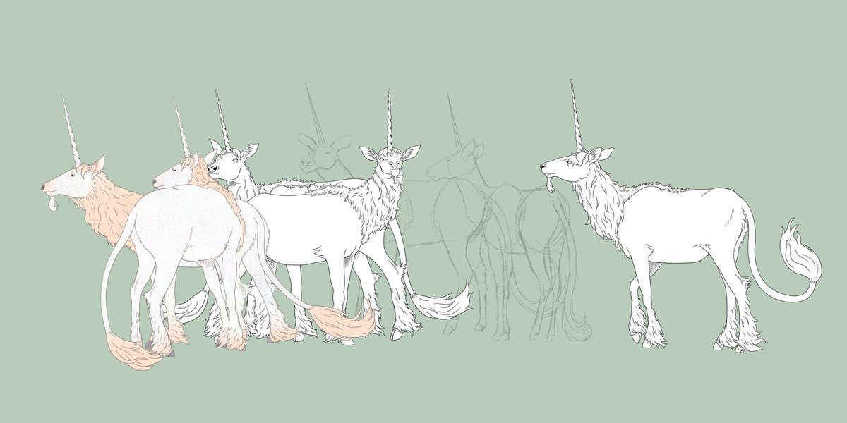 OrandeArt's tweet photo. #junicorn Day 30 Three unicorns on the last day of the challenge! 
Also, a look at the diagrams I was working and will continue with for the month of #Jufly as I draw Pegasuses. https://t.co/s19Wdu0rwM