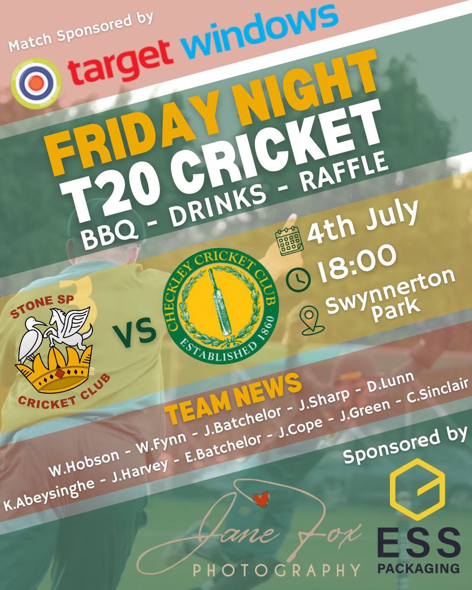 The JS Sports Vince Lindo T20 is back this Friday!

Stone SP CC 1st XI are in Round 2 action v <a href="/checkleyaces/">Checkley CC</a> from 6pm on the 4th July 

And we are at SWYNNERTON PARK 
 to avoid clashing with the Feast Festival at HQ

#T20