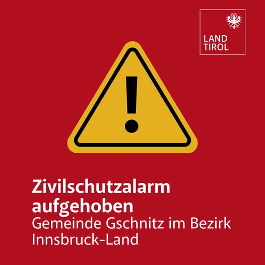 ⚠️AT-Alert und Zivilschutzalarm in #Gschnitz #inTirol wurden aufgehoben. Aktuell wird mit den Aufräumarbeiten begonnen. Laut aktuellem Kenntnisstand gibt es keine Personenschäden. Mehrere Straßensperren im Bezirk Landeck. tirol.gv.at/presse/meldung…