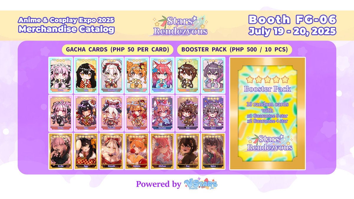 Spica_Data's tweet image. 『 🌟 OFFICIAL EVENT MERCHANDISE 🌟 』
Here is the merch catalog for our Stars' Rendezvous merch collab we’re bringing to ACX! 💫
More details will be announced later on. Catch you in 2 weeks! ✌️✨
#ACX2025